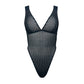 Black opaque on sheer striped microfiber bodysuit with plunge neckline fully adjustable straps criss crossed in back with snap close gusset