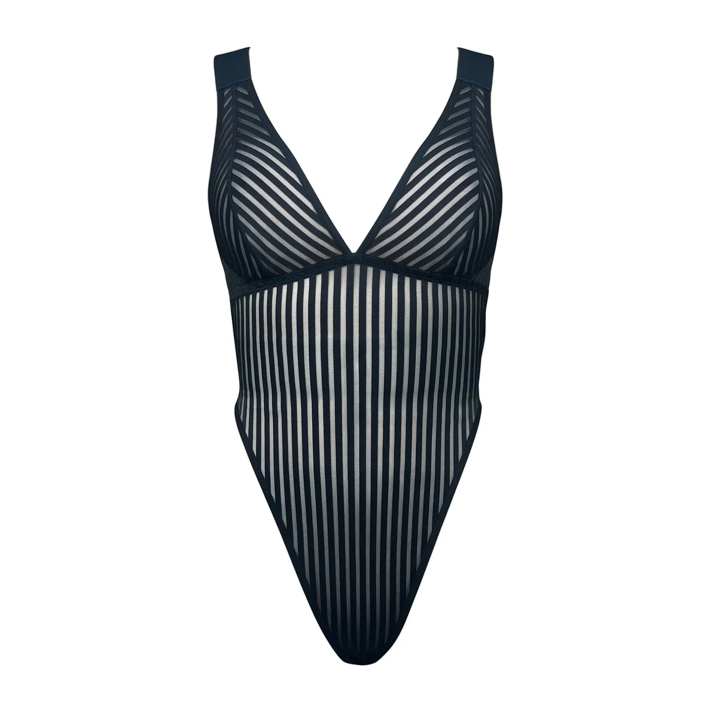 Black opaque on sheer striped microfiber bodysuit with plunge neckline fully adjustable straps criss crossed in back with snap close gusset
