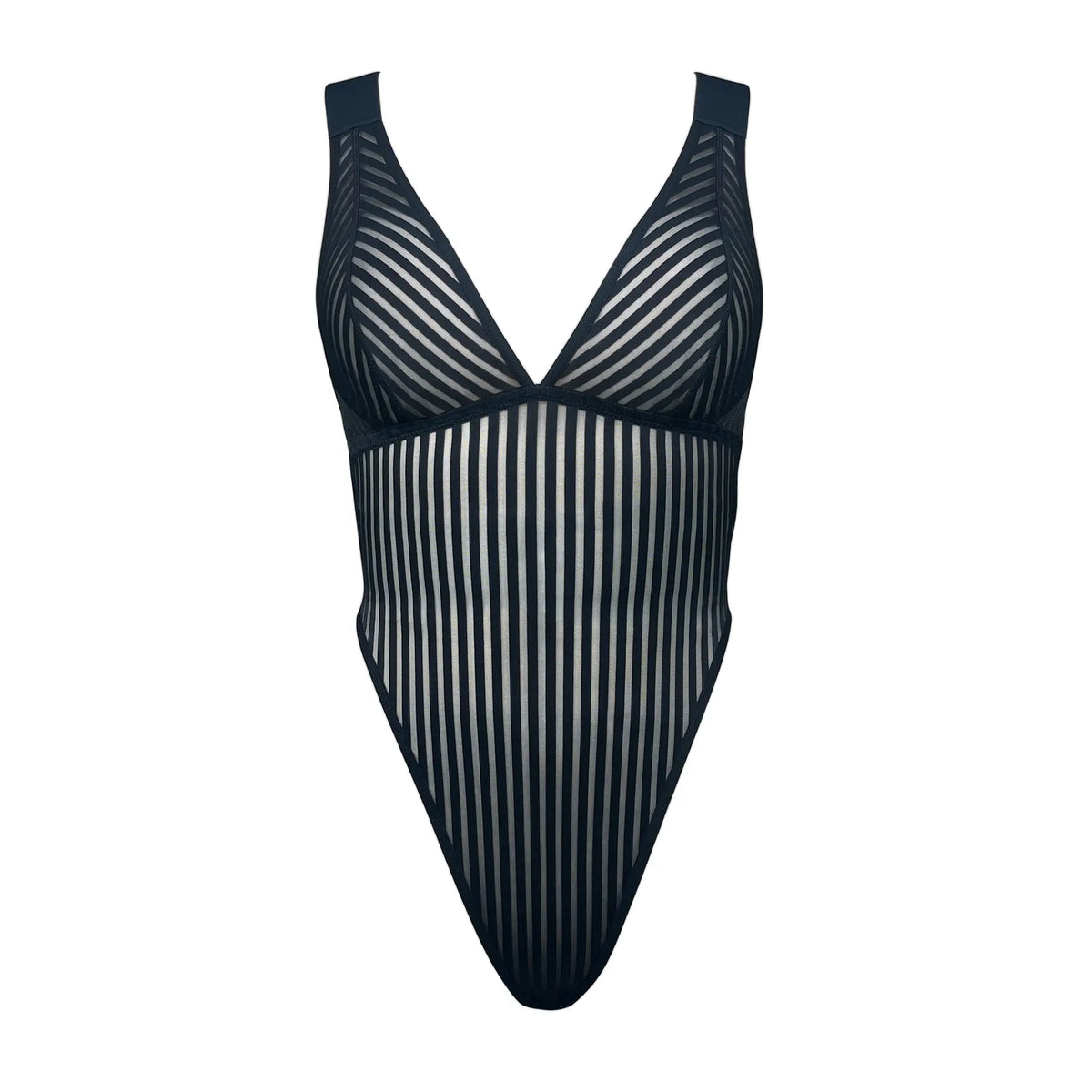 Black opaque on sheer striped microfiber bodysuit with plunge neckline fully adjustable straps criss crossed in back with snap close gusset