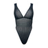 Black opaque on sheer striped microfiber bodysuit with plunge neckline fully adjustable straps criss crossed in back with snap close gusset