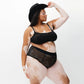 Black opaque on sheer striped microfiber bralette, pull on style with medium support