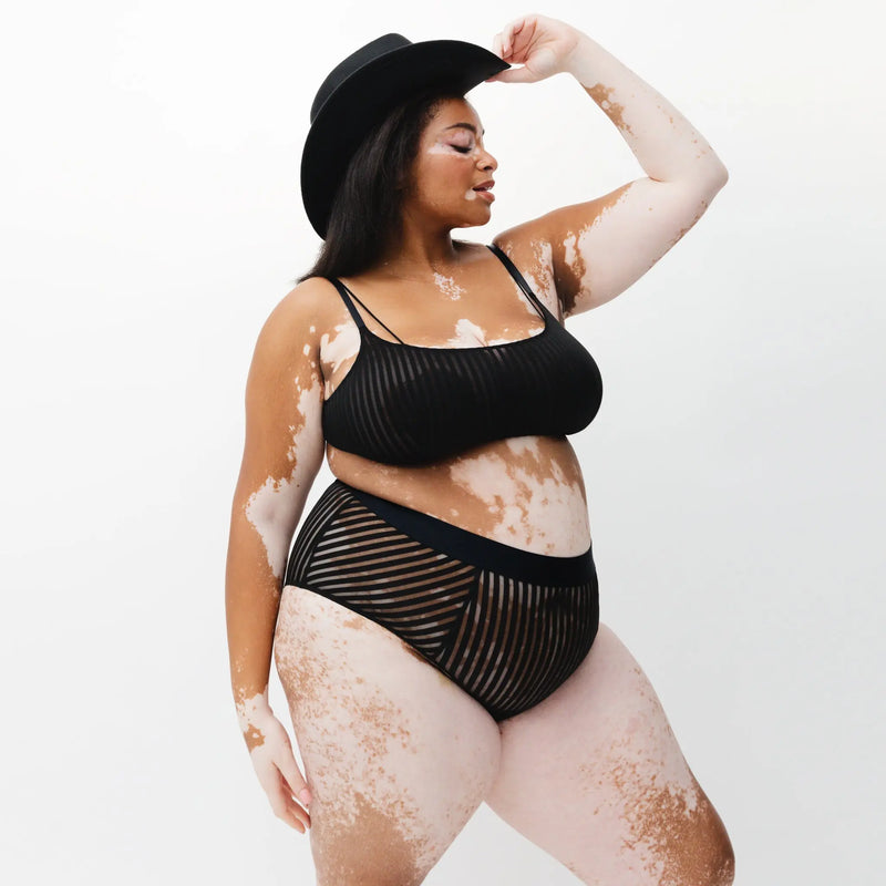 Vertigo Hi Waisted Brief Cocoa - Monique Morin Model  5'8" 54” hip wearing size 2X