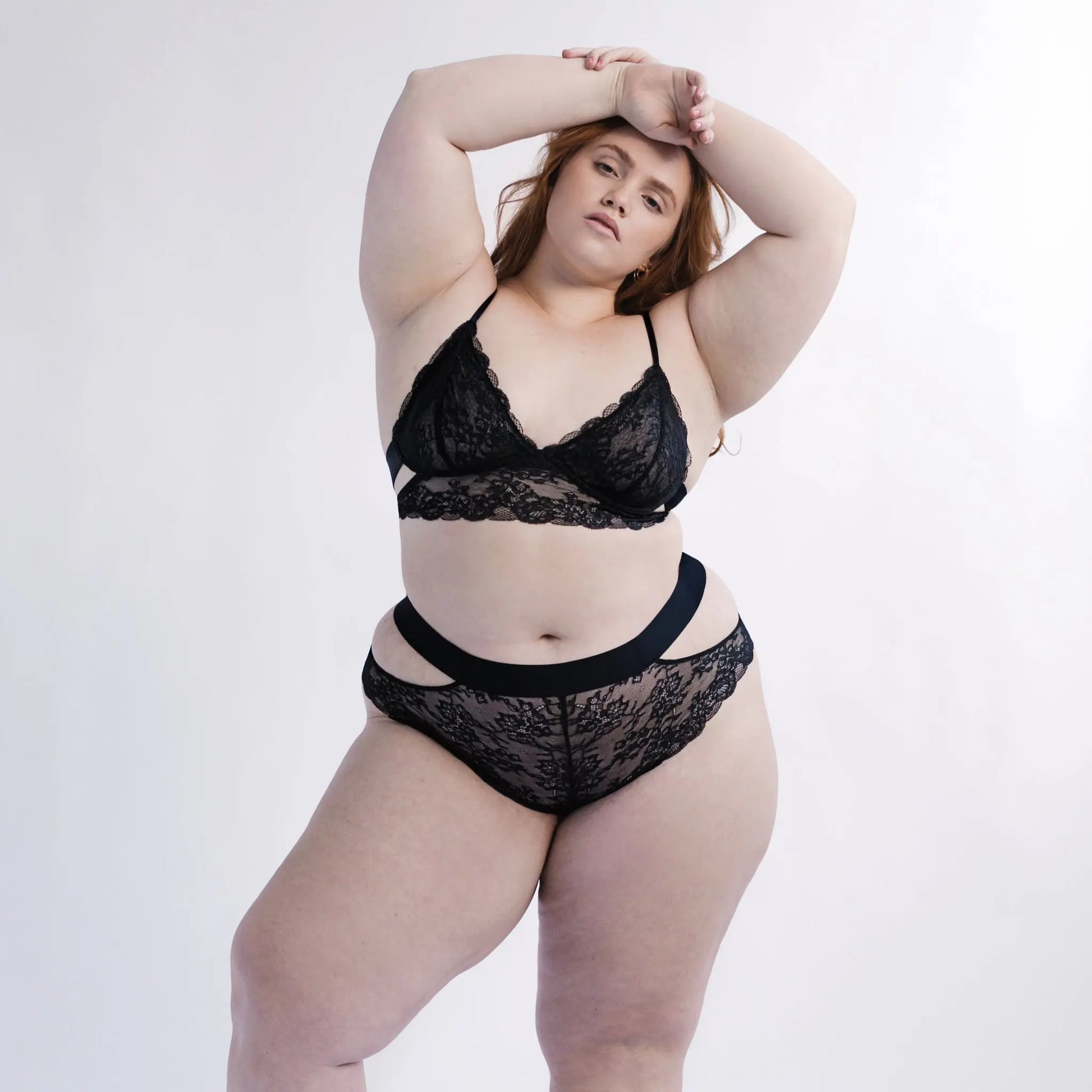 Wild Lace Long Line Bra Black - Monique Morin Model 40B wearing size XL