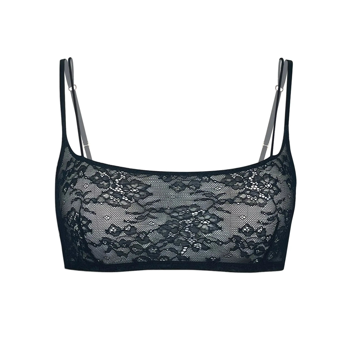 Black stretch lace bralette with adjustable straps, pull-over style
