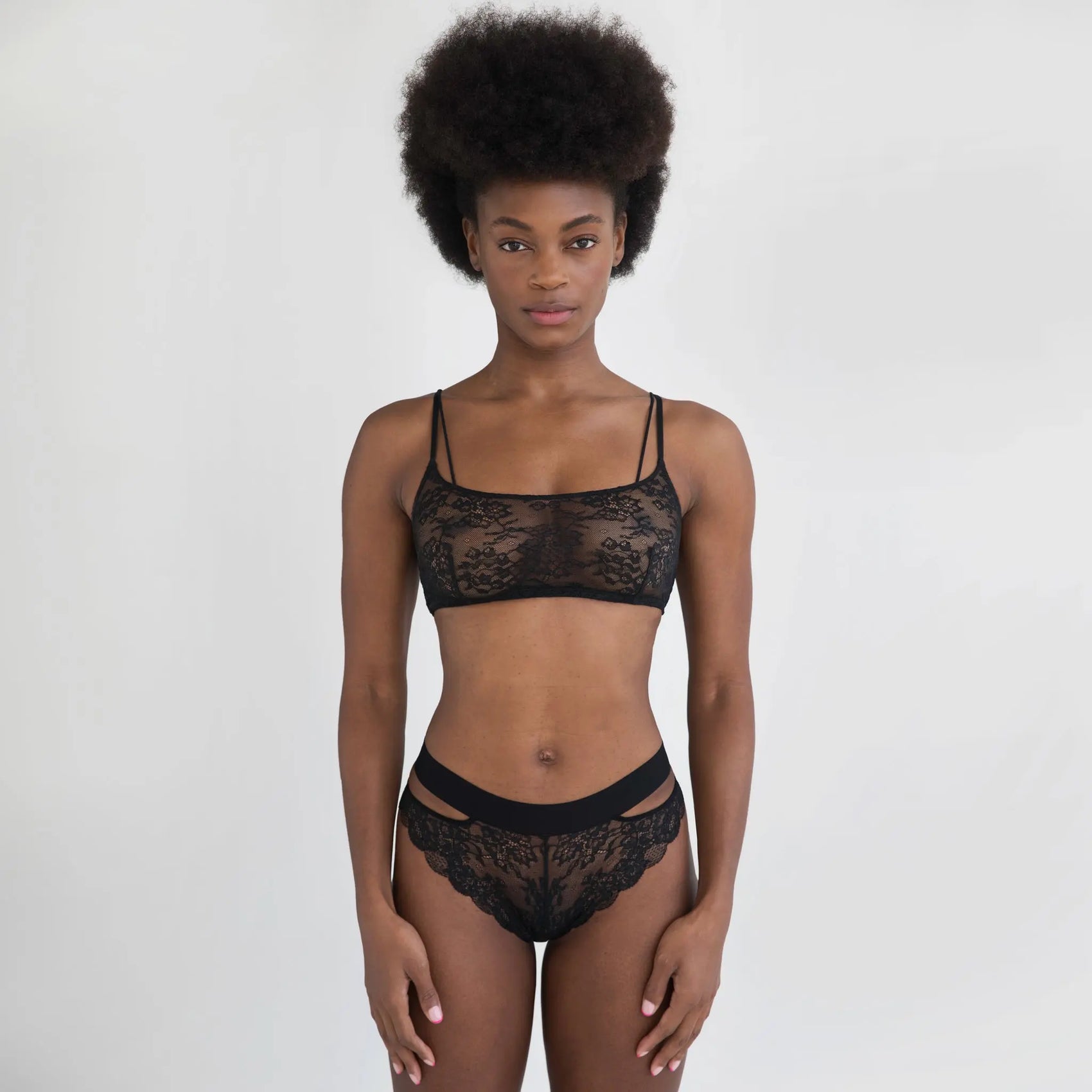Black stretch lace bralette with adjustable straps, pull-over style