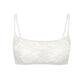 White stretch lace bralette with adjustable straps, pull-over style