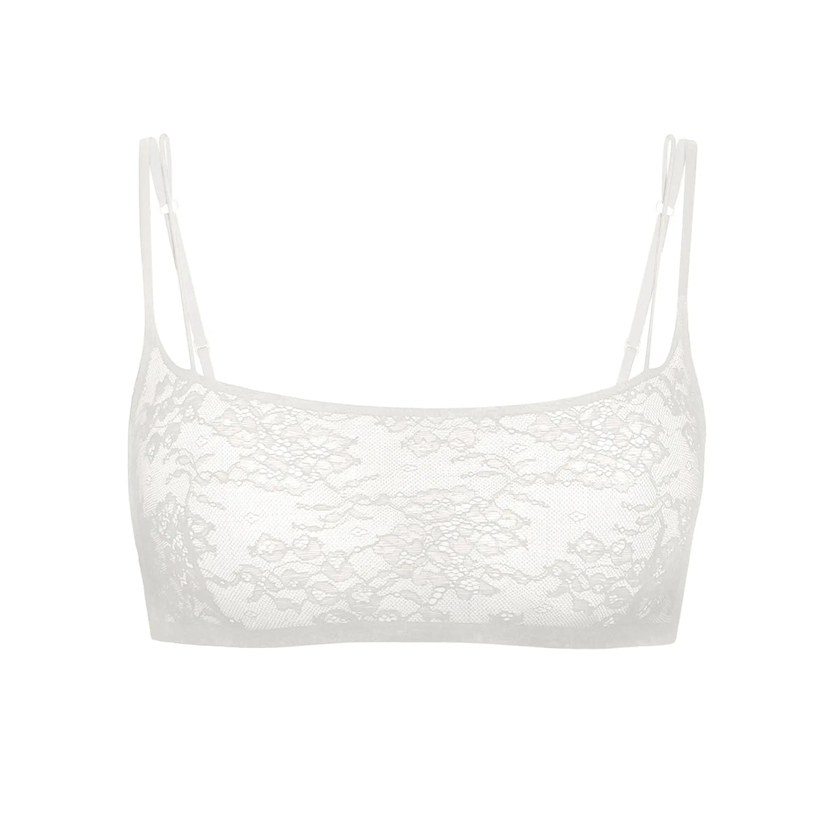 White stretch lace bralette with adjustable straps, pull-over style