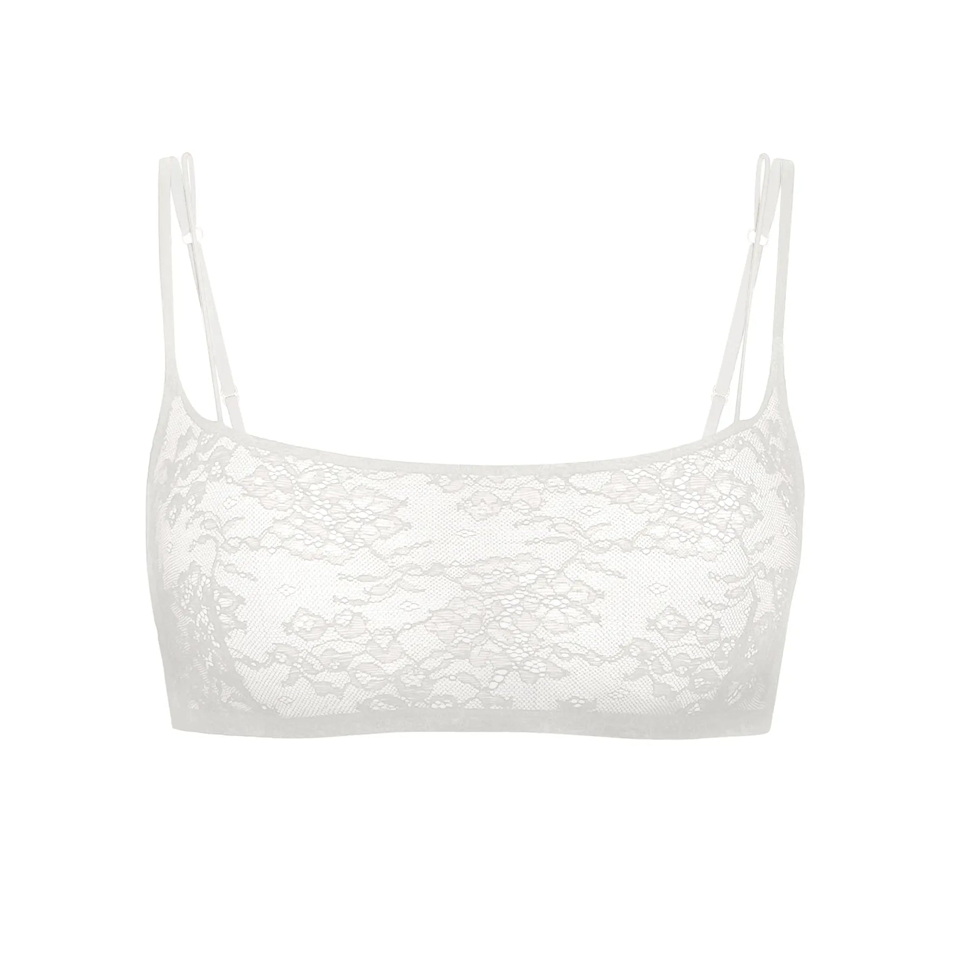 White stretch lace bralette with adjustable straps, pull-over style