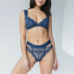 Blue stretch lace plunge bralette with back closure and wide elastic straps