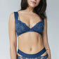 Blue stretch lace plunge bralette with back closure and wide elastic straps