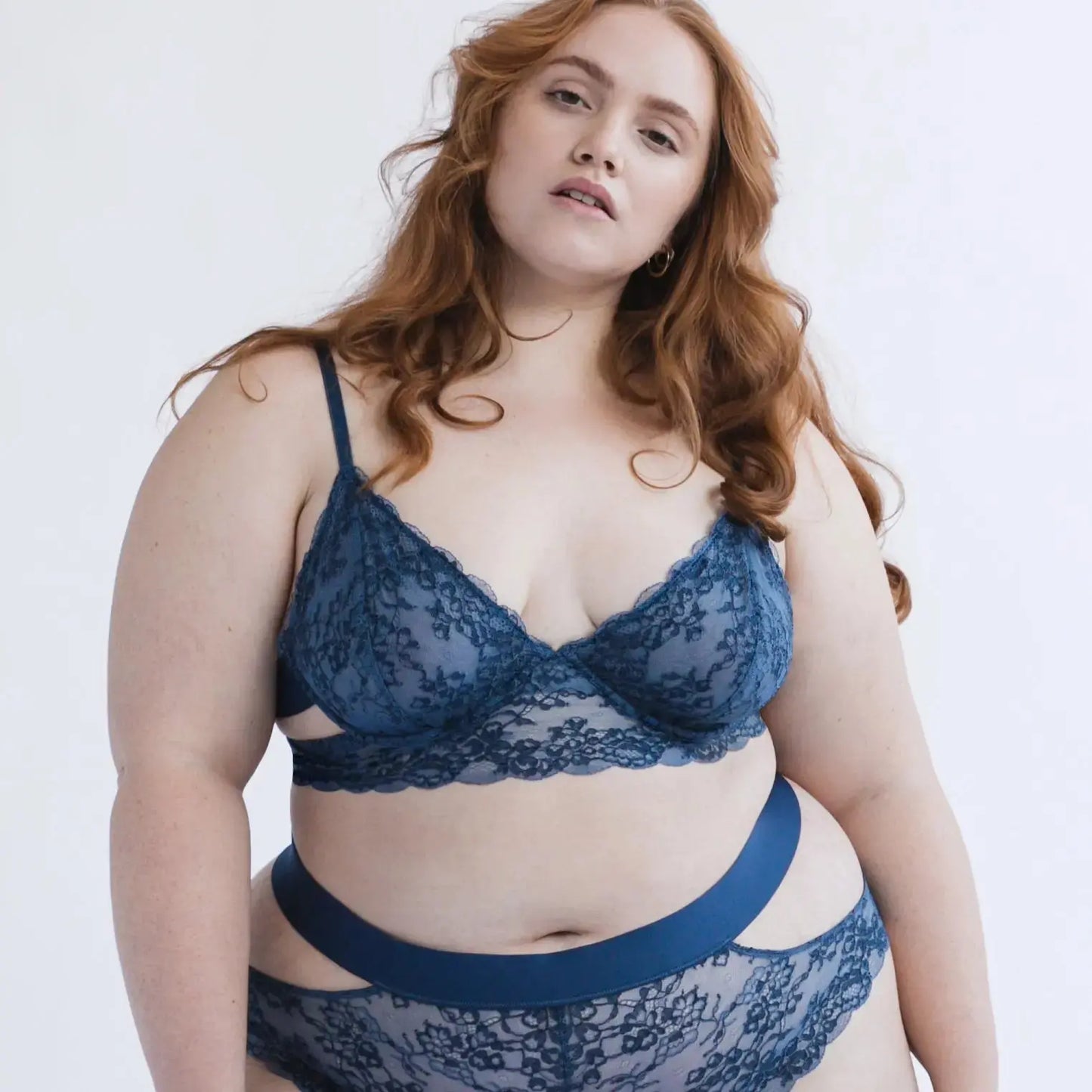 Wild Lace Long Line Bra Dark Denim Blue - Monique Morin Model 5'4" 40B wearing size XL