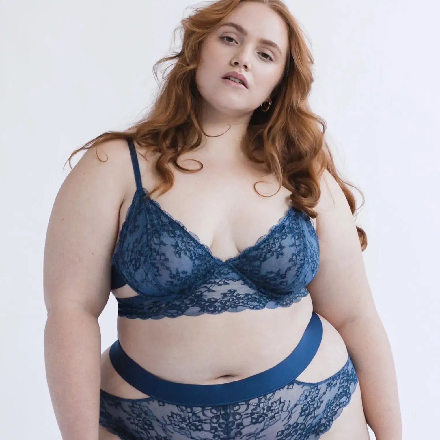 Wild Lace Long Line Bra Dark Denim Blue - Monique Morin Model 5'4" 40B wearing size XL