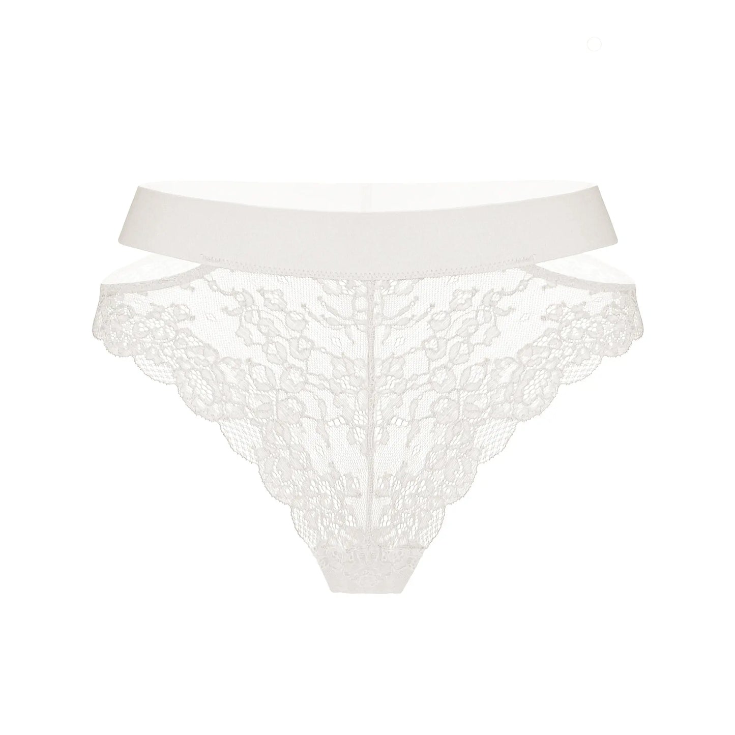 White stretch lace cheeky panty with side cut-outs and wide elastic bands