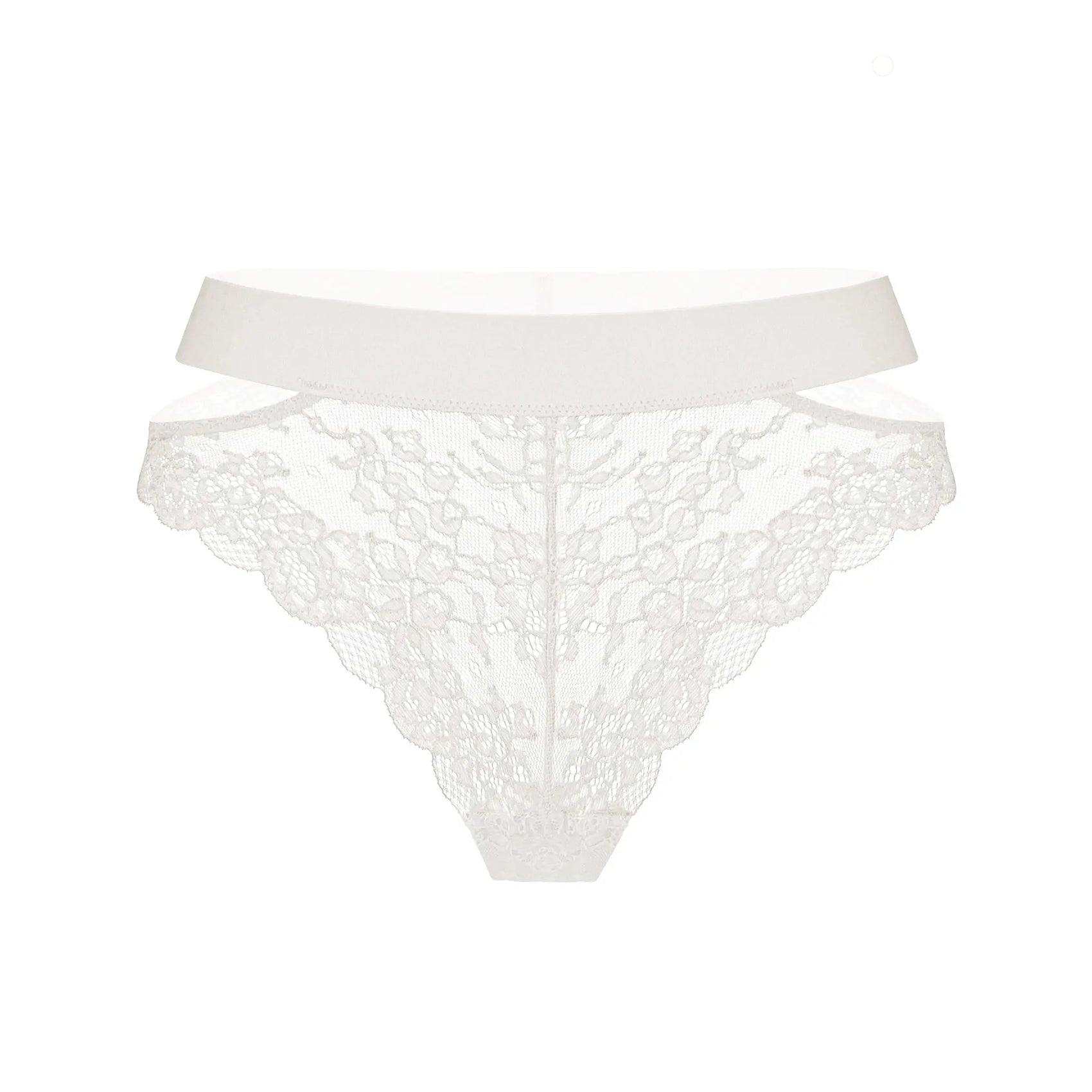 White stretch lace cheeky panty with side cut-outs and wide elastic bands