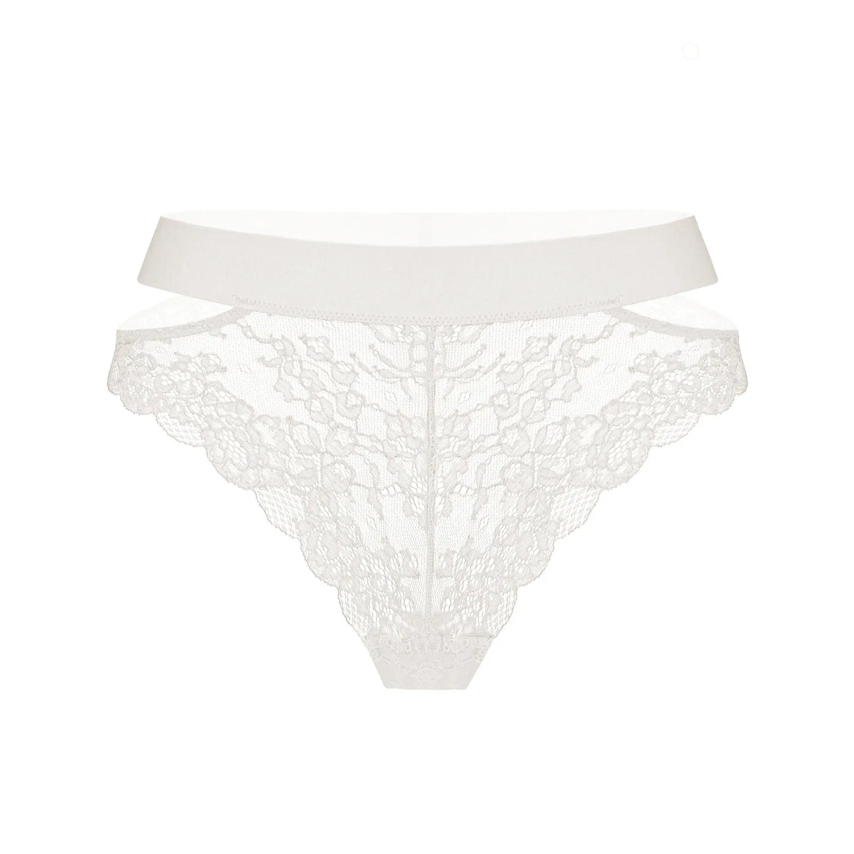 White stretch lace cheeky panty with side cut-outs and wide elastic bands