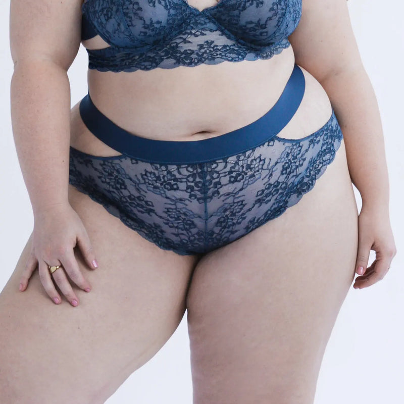 Wild Lace Cheeky Panty Dark Denim Blue - Monique Morin Model 5'4" wearing size 2X