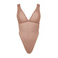Taupe opaque on sheer striped microfiber bodysuit with plunge neckline fully adjustable straps criss crossed in back with snap close gusset