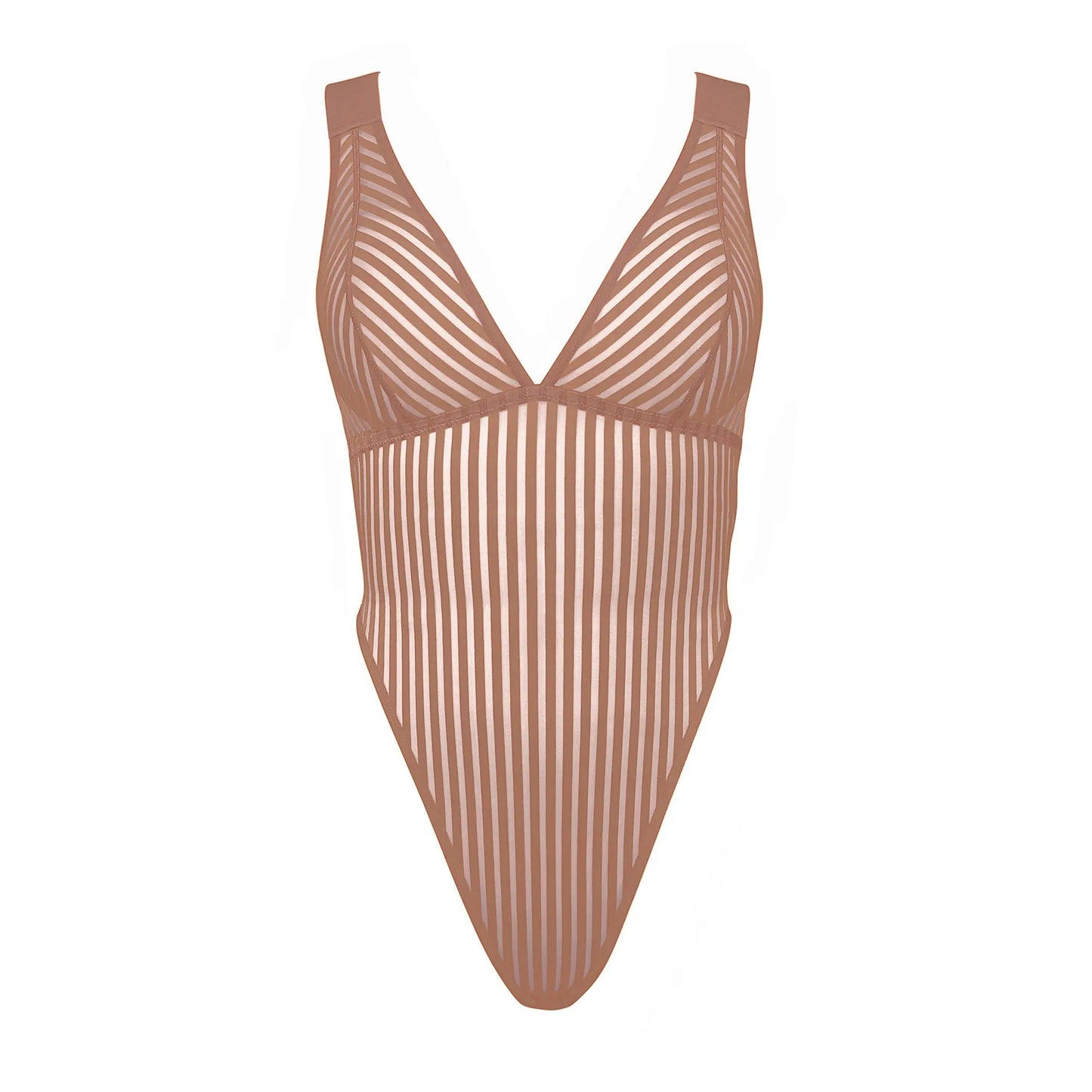 Taupe opaque on sheer striped microfiber bodysuit with plunge neckline fully adjustable straps criss crossed in back with snap close gusset