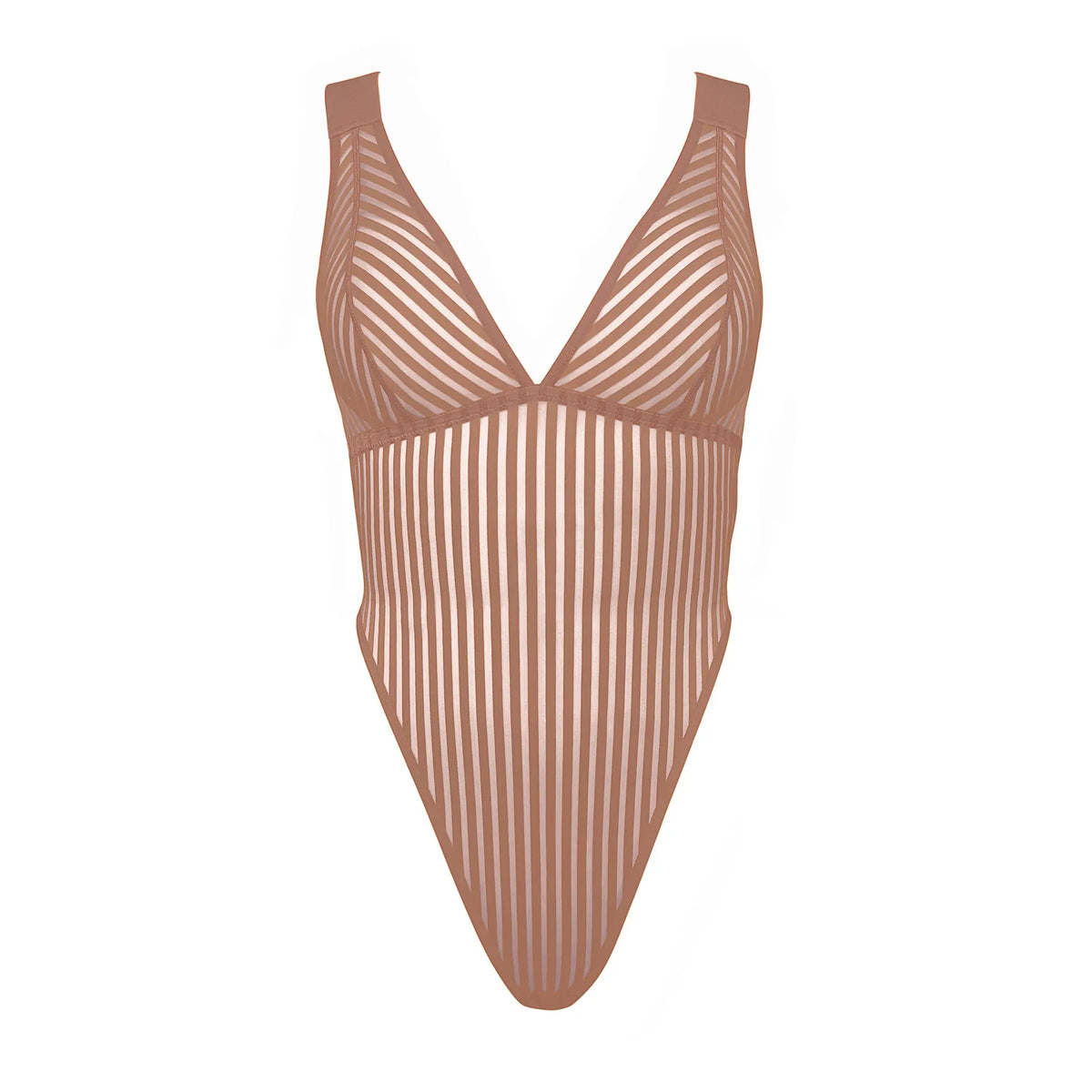 Taupe opaque on sheer striped microfiber bodysuit with plunge neckline fully adjustable straps criss crossed in back with snap close gusset