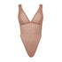 Taupe opaque on sheer striped microfiber bodysuit with plunge neckline fully adjustable straps criss crossed in back with snap close gusset