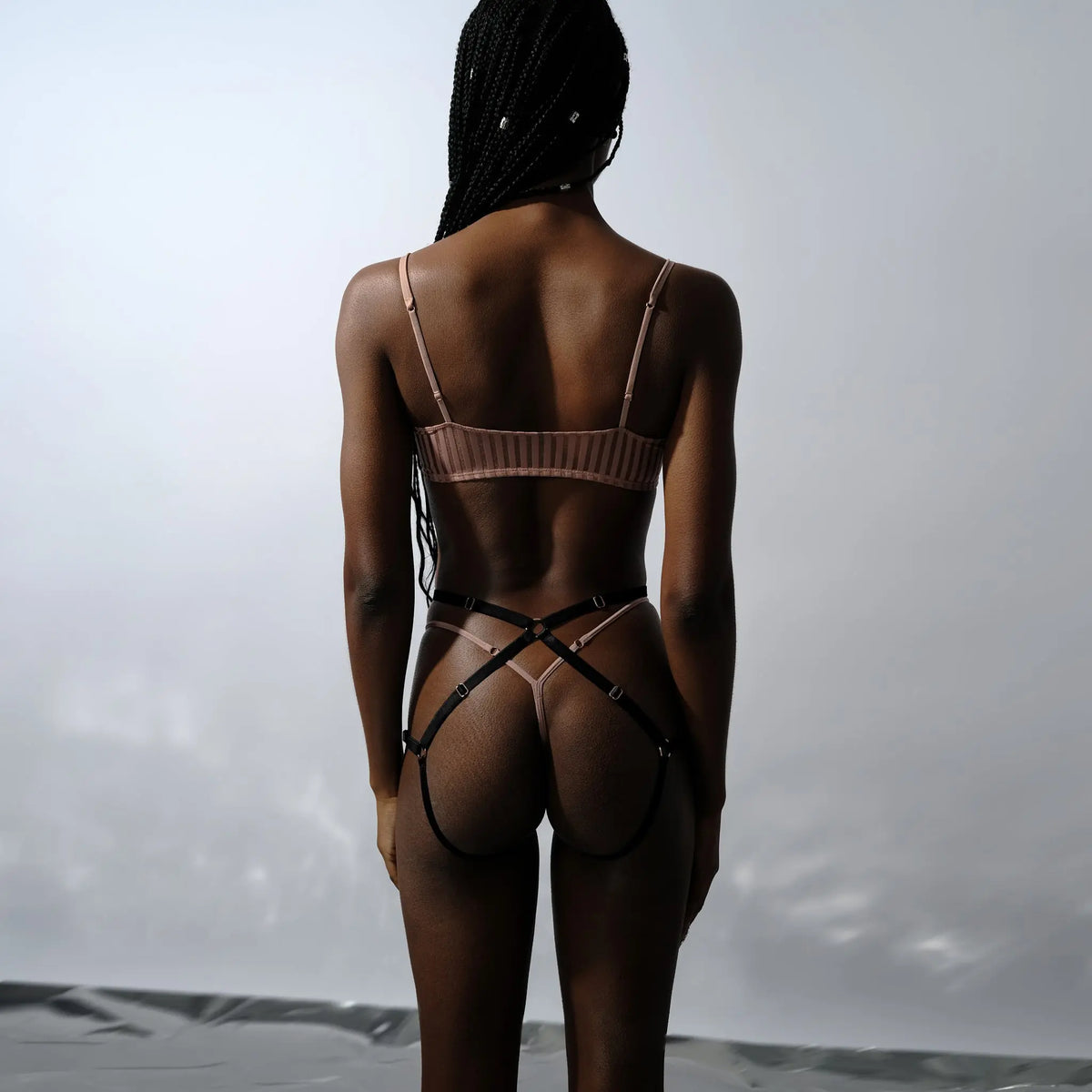 Taupe opaque on sheer striped microfiber thong with skinny side elastic with stretch