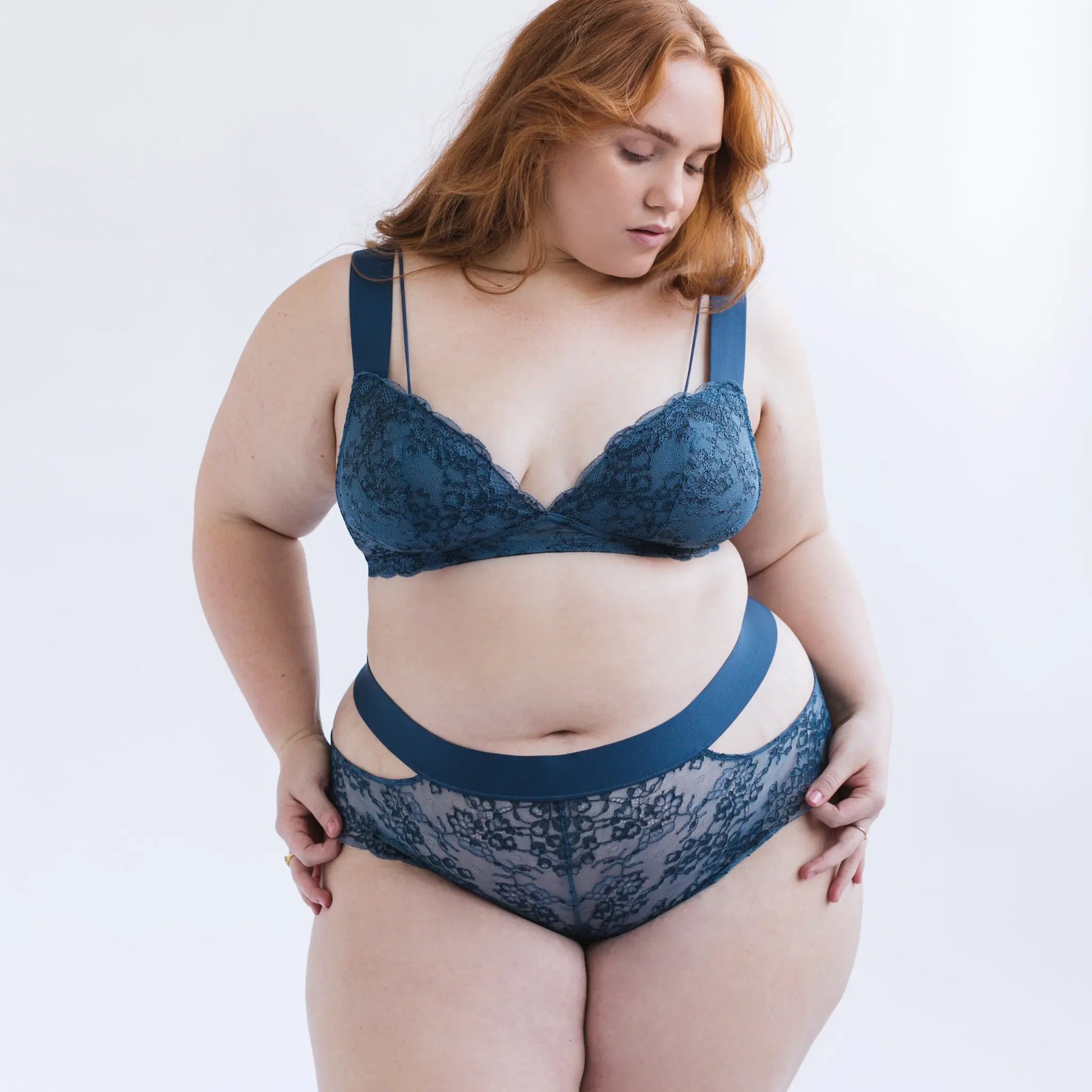 Blue stretch lace plunge bralette with back closure and wide elastic straps