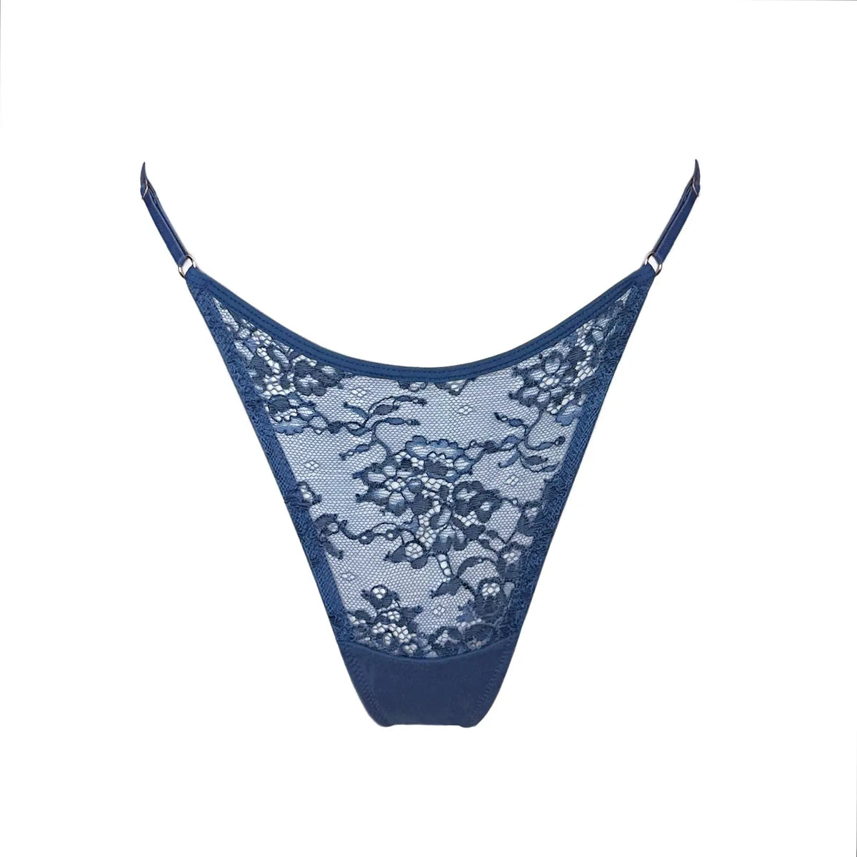 Blue stretch lace thong with adjustable side straps
