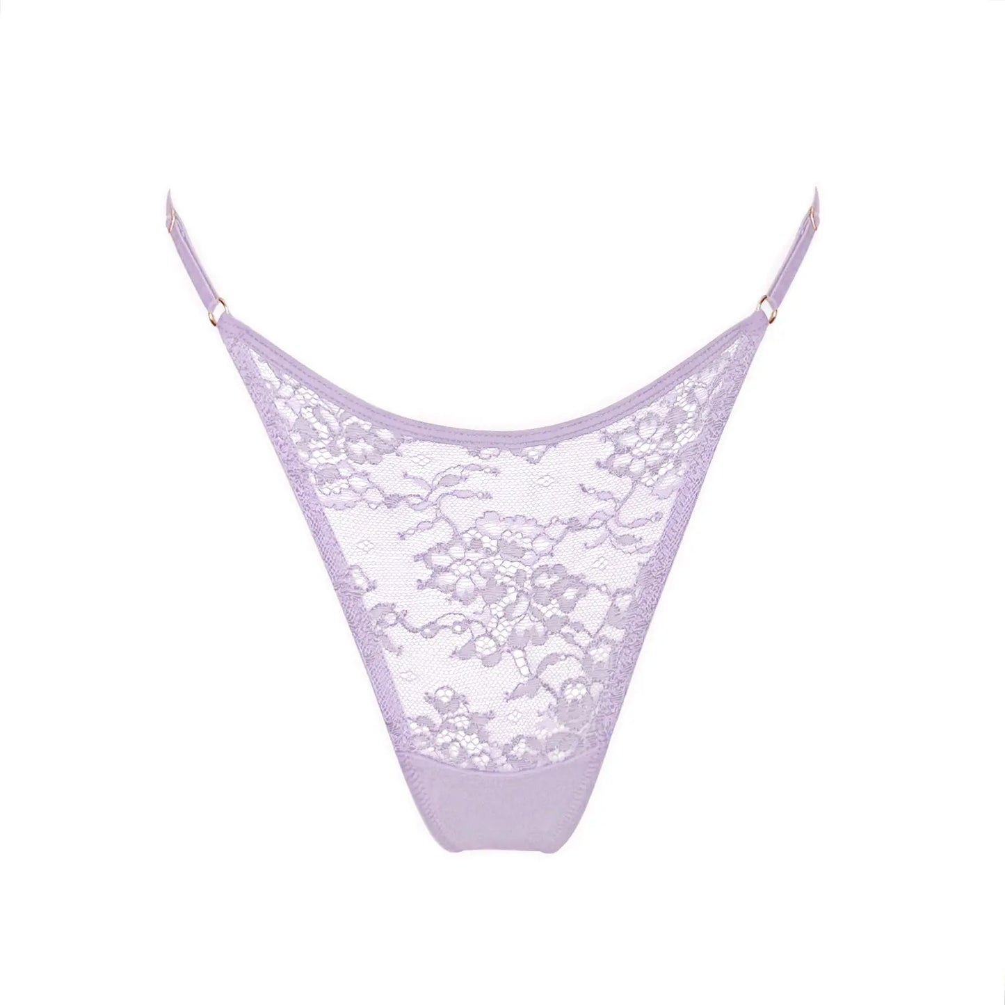 Pale purple stretch lace thong with adjustable side straps