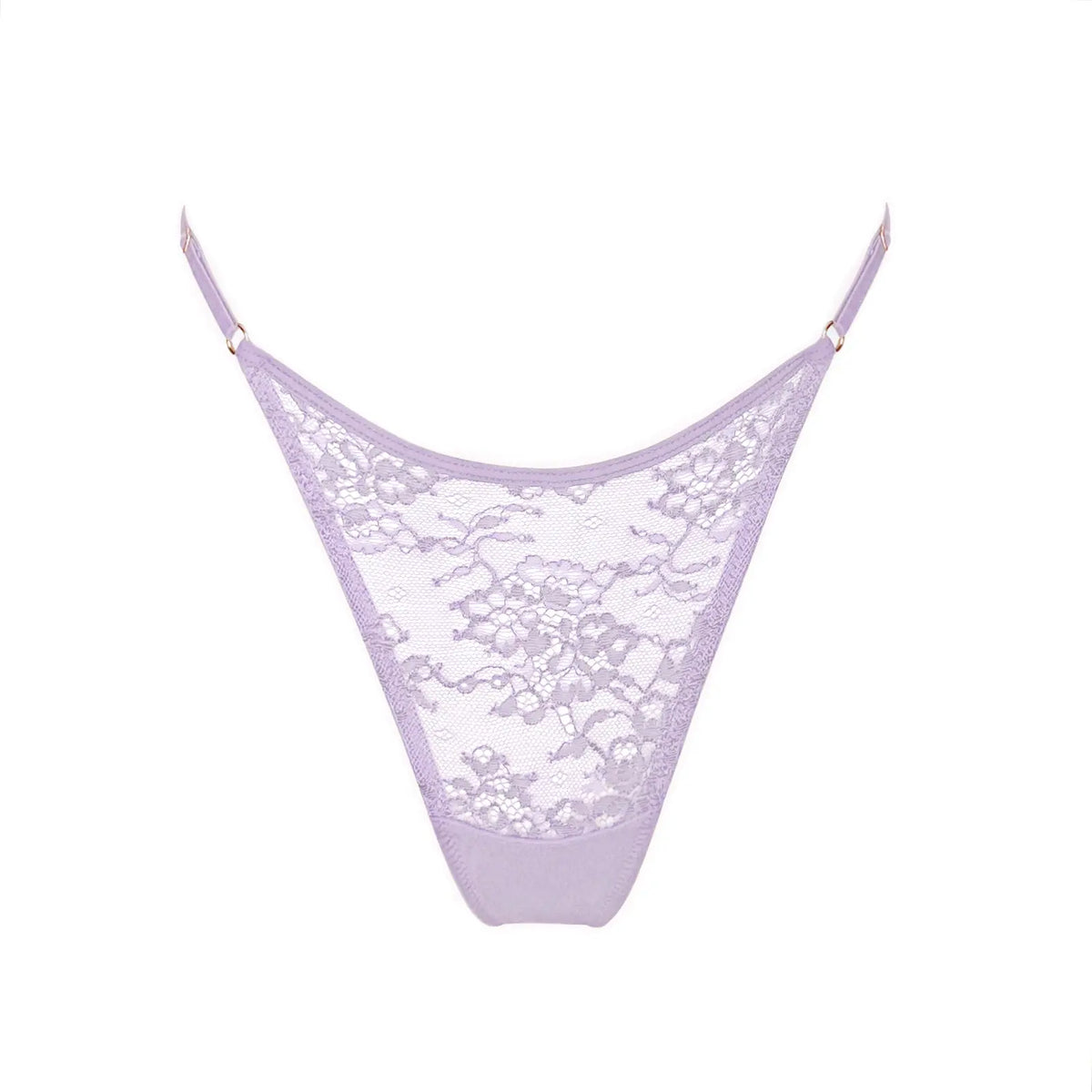 Pale purple stretch lace thong with adjustable side straps