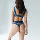 Blue stretch lace plunge bralette with back closure and wide elastic straps