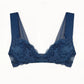 Blue stretch lace plunge bralette with back closure and wide elastic straps
