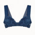 Blue stretch lace plunge bralette with back closure and wide elastic straps