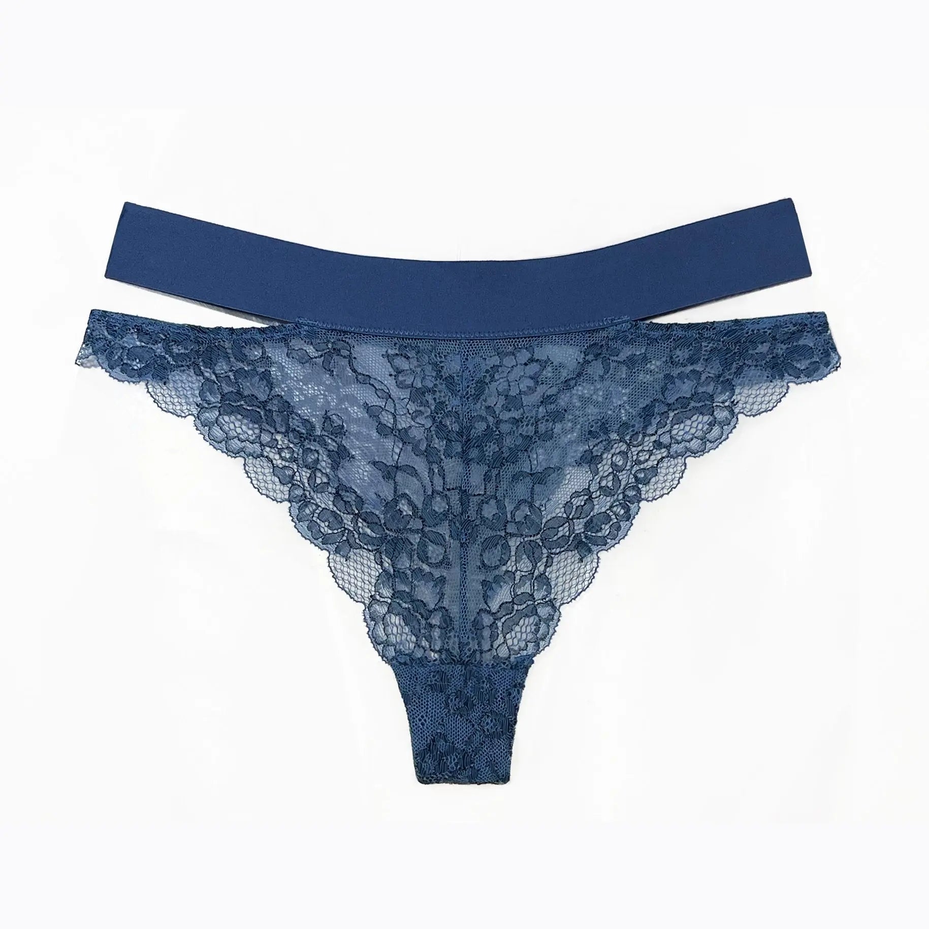 Blue stretch lace cheeky panty with side cut-outs and wide elastic band