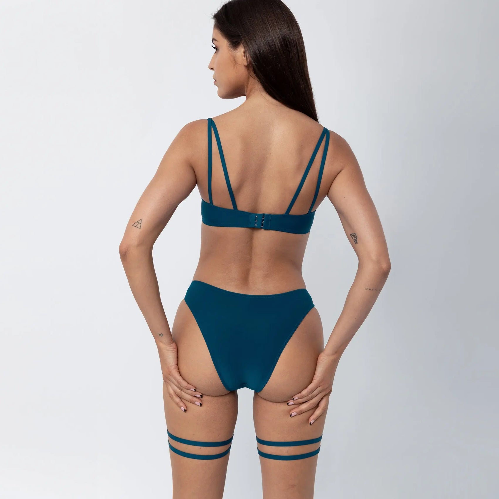 Blue lace high leg cheeky panty with matching underwire, high support bra with adjustable straps and back closure