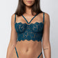 Blue lace underwire bustier with high support, adjustable straps and adjustable back closure
