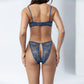 Blue stretch lace bikini with cutout design in back and adjustable side strap