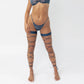 Blue soft touch wide elastic band, lace up along leg, silicon dots keep bands in place