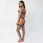 Blue soft touch wide elastic band, lace up along leg, silicon dots keep bands in place
